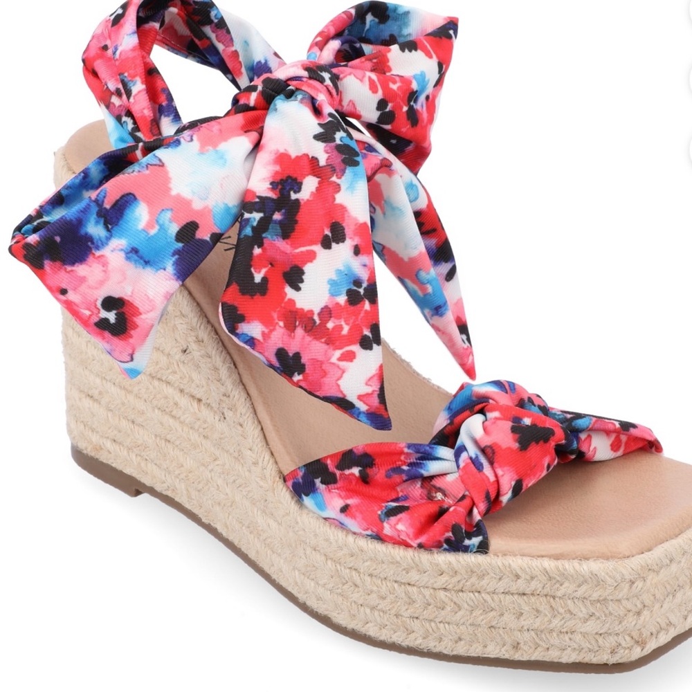 Journee Surria Collection Floral Tie Bow Espadrille Wedge Sandals  4” Heel  12